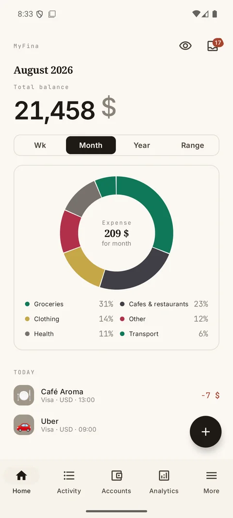 MyFina Android app: balance and recent transactions