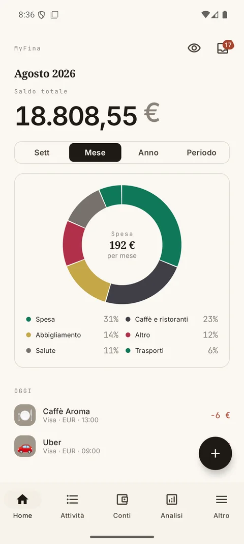 App MyFina per Android: saldo e ultime operazioni