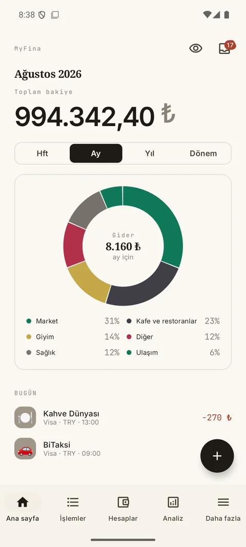 Android için MyFina uygulaması: bakiye ve son işlemler